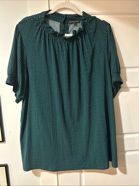 Adrianna Papell Teal Ruffled Neck Short-Sleeve Blouse with Micro Dot Print
